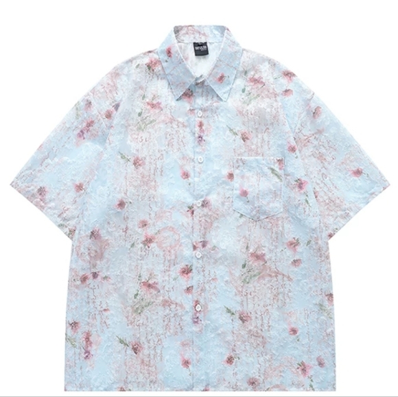 None Tops - Light Blue Textured Floral Shirt